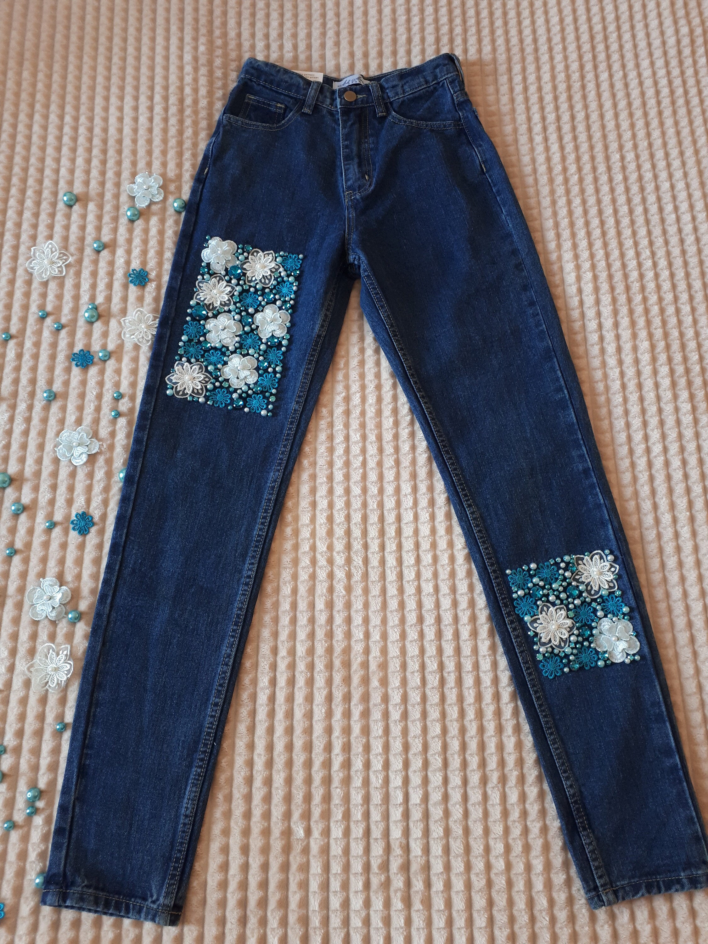 Handmade Unique jeans with rhinestone and flower bead patches Etsy