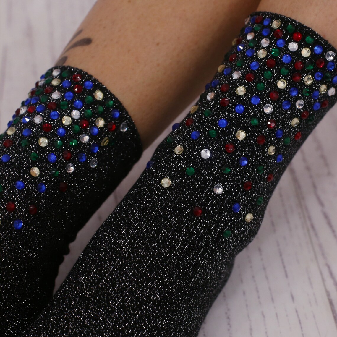 Designer black glitter socks with lurex and crystals. | Etsy