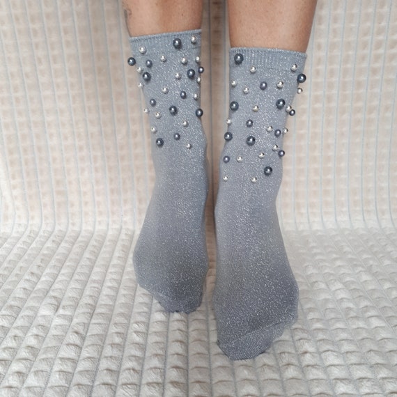 Designer embellished silver socks with pearl beads in a gift | Etsy