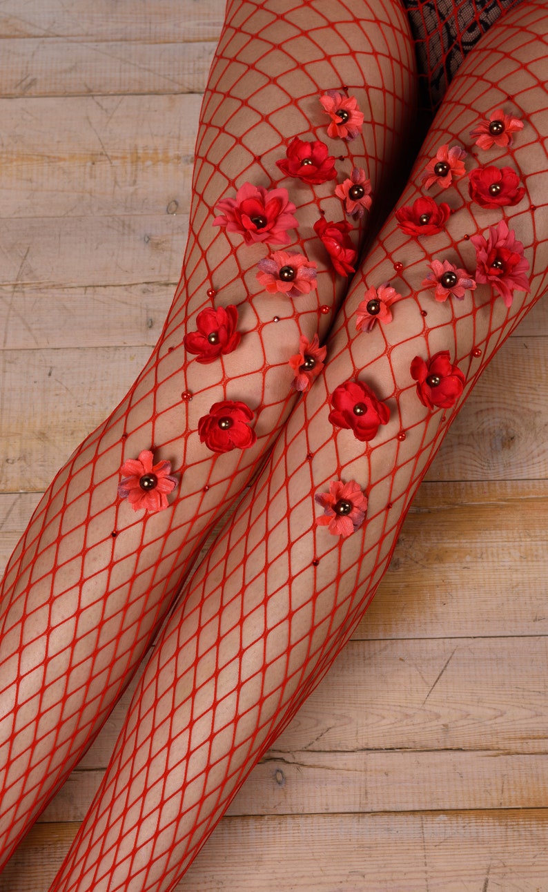 Red embellished fishnet tights for women Designer prom tights | Etsy