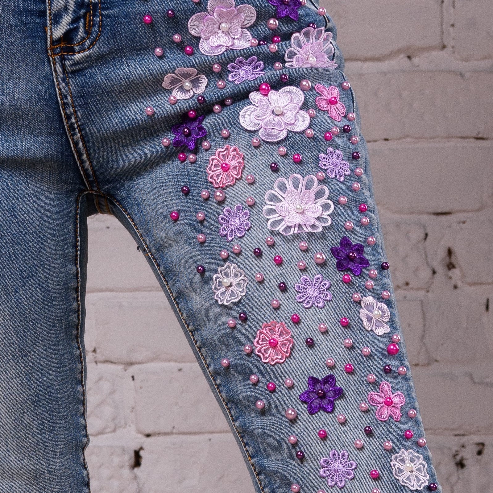 Beaded skinny jeans Floral embellished denim Designer unique Etsy