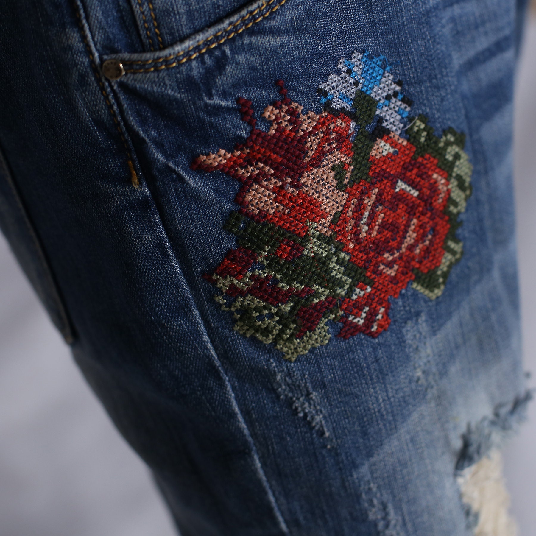 Boyfriend jeans with embroidery Handmade cross-stitch Hippie | Etsy