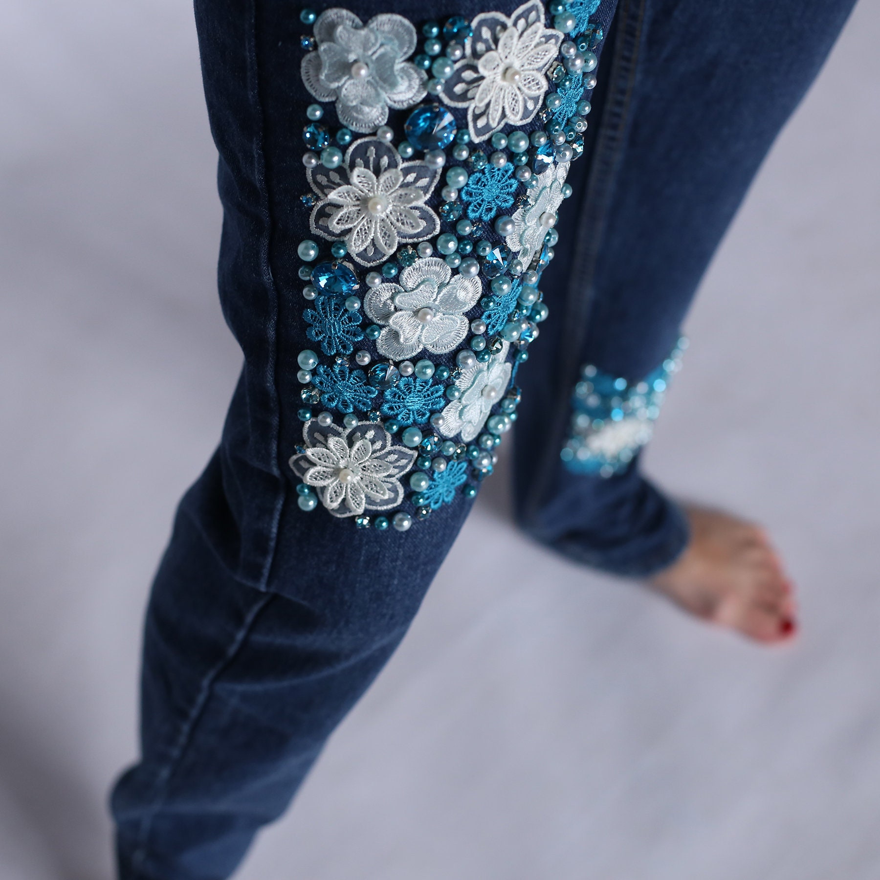 Handmade Unique jeans with rhinestone and flower bead patches Etsy
