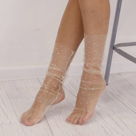 Wedding designer sheer tulle socks. Embellished crystal socks | Etsy