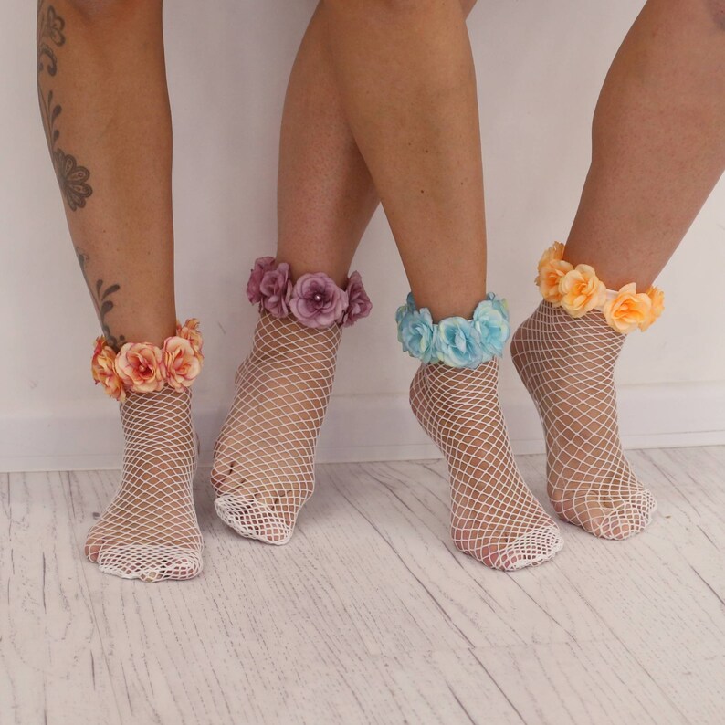 Mesh floral socks socks with silk flowers Designer Etsy