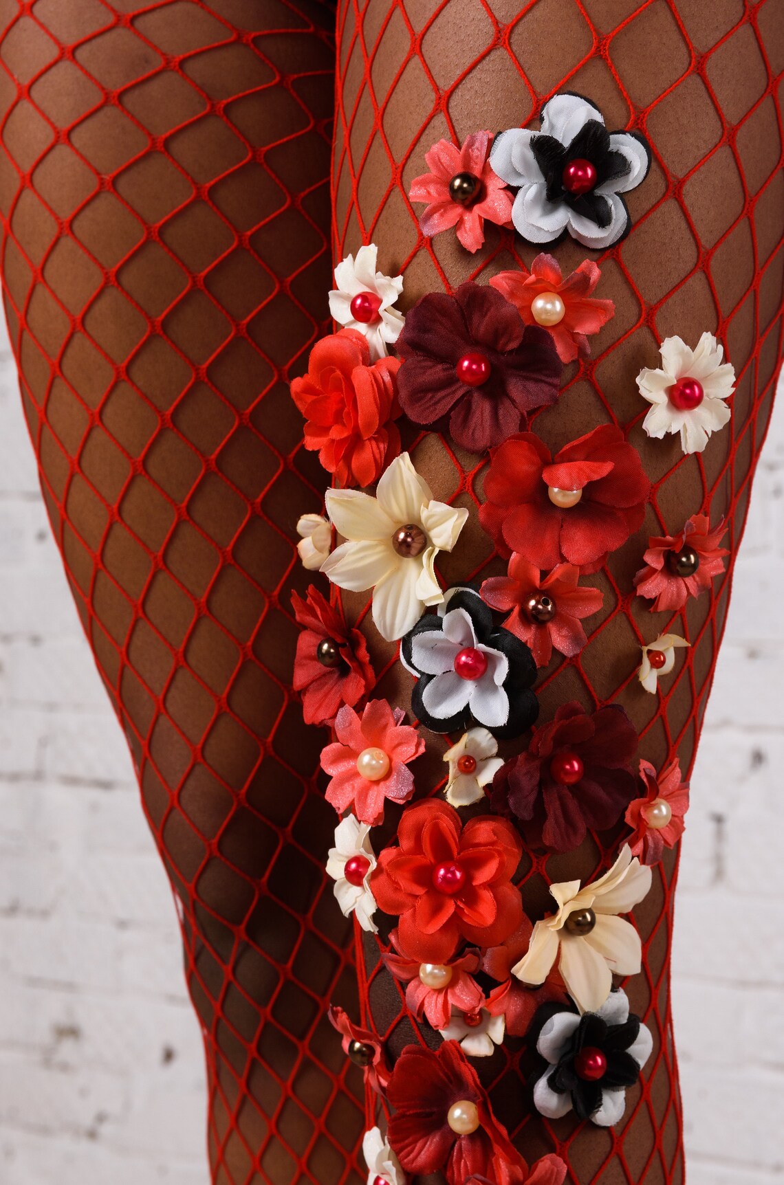 Red embellished tights Designer sexy stockings Floral Etsy
