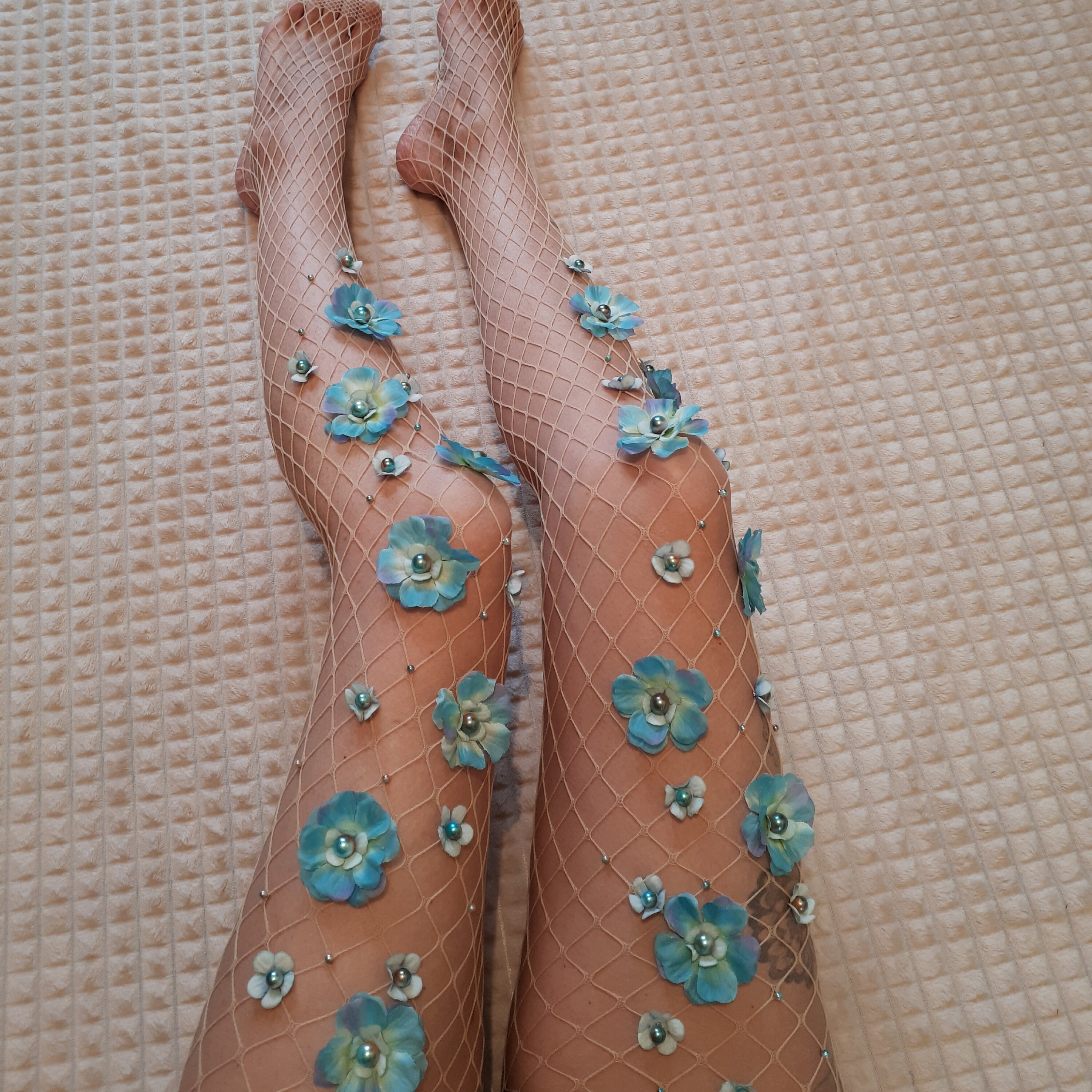 Designer fishnet tights Decorated tights 3D mint flowers | Etsy