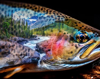 May include: A close-up of a trout's head with a mountain river scene reflected in its eye. The river flows through a rocky canyon with lush green trees on the banks. The trout's scales shimmer with iridescent colors.