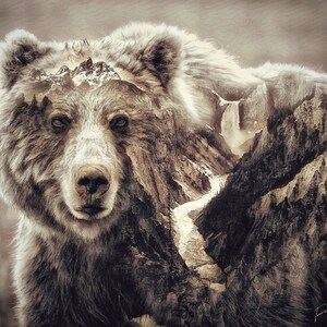 Grizzly Bear with Yellowstone Falls and Grand Teton, Art on Stretched Canvas, Ready to Hang Wall Art, Unique Canvas Print by Travis Glasgow