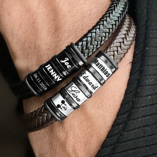Personalized Mens Leather Bracelet Custom Beads Braid Name Etsy