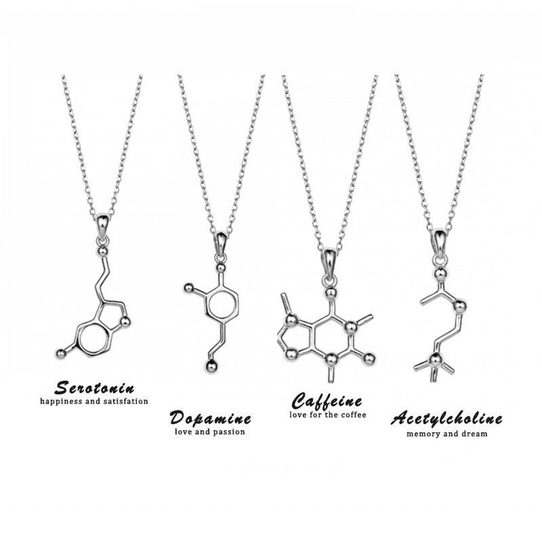 4 Chemical Sterling Silver Necklace, Dopamine, Molecule Jewelry