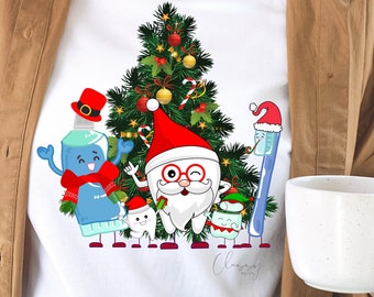 May include: A digital design featuring a Christmas tree with a tooth dressed as Santa Claus, a toothbrush, toothpaste, and mouthwash. The design includes the text "Cheers" and is perfect for a holiday-themed dental office or for personal use.