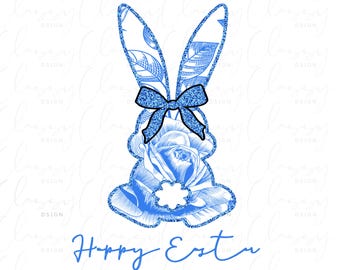 Happy Easter PNG, Blue Floral Chinoiserie Bunny Png, Grand Millennial Easter Png, Blue Toile Easter Rabbit Png, Easter Coquette Png, Girls