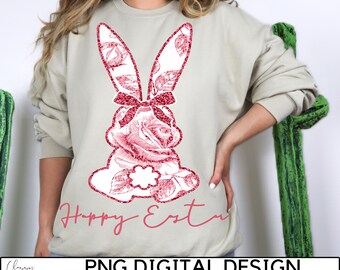 Happy Easter PNG, Pink Floral Chinoiserie Bunny Png, Grand Millennial Easter Png, Blue Toile Easter Rabbit Png, Easter Coquette Png, Girls
