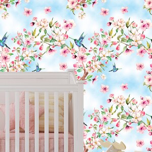 Removable Wallpaper - Watercolor Cherry Blossoms and Hummingbirds  - Peel and Stick Wallpaper - Nursery Wallpaper - Self Adhesive Wallpaper