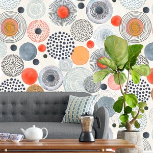 Orange Scandinavian Wallpaper, Watercolor Circle Shapes, Peel &#39;n Stick Wallpaper Removable, Nursery Wallpaper, Self Adhesive Wallpaper