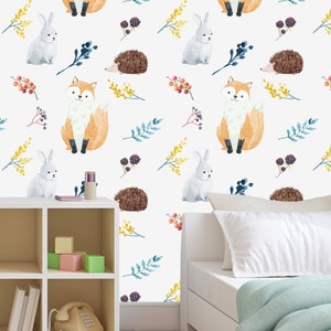 Removable Wallpaper - Watercolor Fox Rabbit Hedgehog Gang - Peel and Stick Wallpaper - Nursery Wallpaper - Self Adhesive Wallpaper