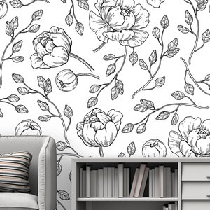 Removable Wallpaper - Black and White Minimalist Rose  - Peel and Stick Wallpaper - Nursery Wallpaper - Self Adhesive Wallpaper