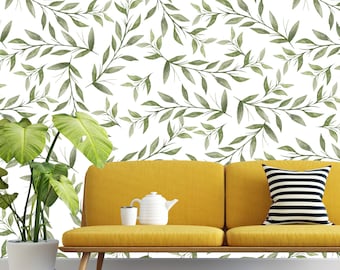 Removable Wallpaper - Green Watercolor Leaves - Peel and Stick Wallpaper - Nursery Wallpaper - Self Adhesive Wallpaper