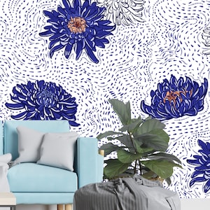 Removable Wallpaper - Blue Japanese Chrysanthemum  - Peel and Stick Wallpaper - Nursery Wallpaper - Self Adhesive Wallpaper