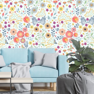 Removable Wallpaper - Stitch Wild Flowers and Butterflies  - Peel and Stick Wallpaper - Nursery Wallpaper - Self Adhesive Wallpaper