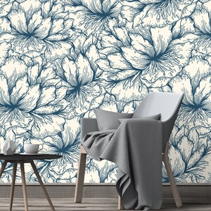 Removable Wallpaper - Blue Tropical Flowers Toile - Peel and Stick Wallpaper - Nursery Wallpaper - Self Adhesive Wallpaper