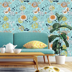 Blue Yellow Orange Watercolor Floral Illustration - Peel and Stick - Nursery - Living Room - Self Adhesive Removable Wallpaper