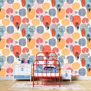 Removable Wallpaper Blue Orange Watercolor Autumn Shapes Peel and Stick Wallpaper Nursery Wallpaper Self Adhesive Wallpaper image 7