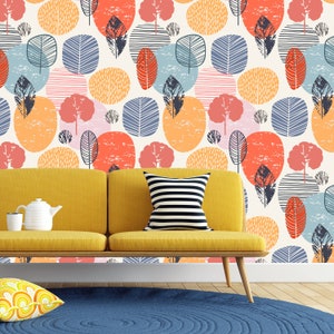 Removable Wallpaper Blue Orange Watercolor Autumn Shapes Peel and Stick Wallpaper Nursery Wallpaper Self Adhesive Wallpaper image 2