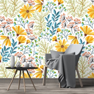 Removable Wallpaper - Colorful Spring Wild Flowers - Peel and Stick Wallpaper - Nursery Wallpaper - Self Adhesive Wallpaper