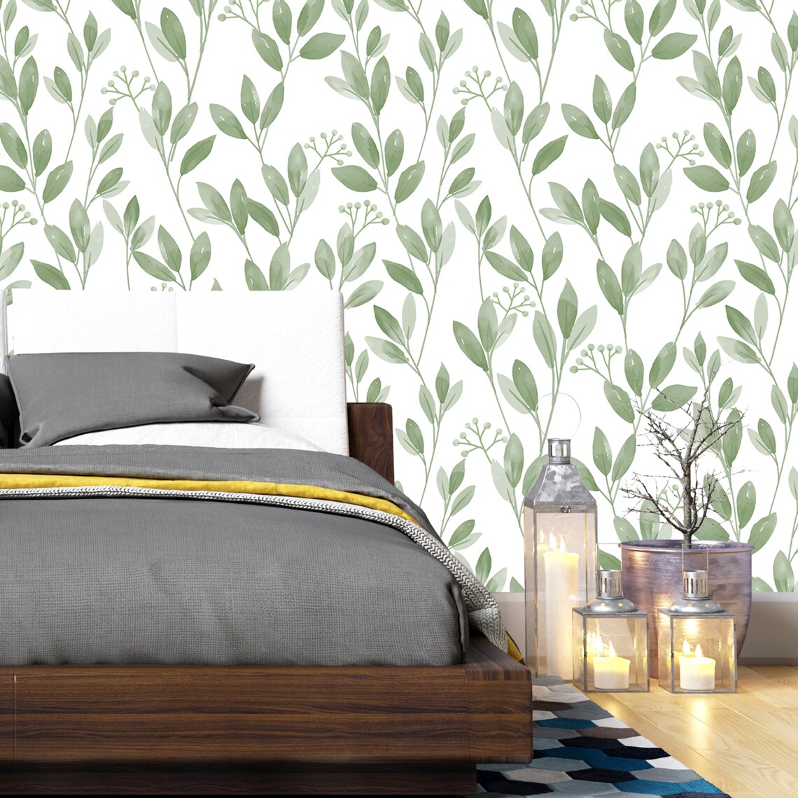 Removable Wallpaper Green Watercolor Winter Leaves Peel Etsy