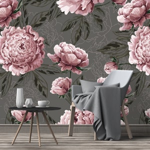 Removable Wallpaper - Watercolor Pink Peonies Grey Motif  - Peel and Stick Wallpaper - Nursery Wallpaper - Self Adhesive Wallpaper