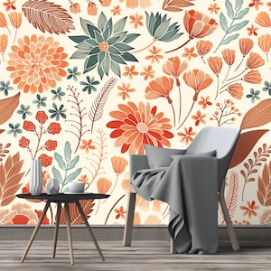Removable Wallpaper - Orange Fall Mythic Flowers - Peel and Stick Wallpaper - Nursery Wallpaper - Self Adhesive Wallpaper
