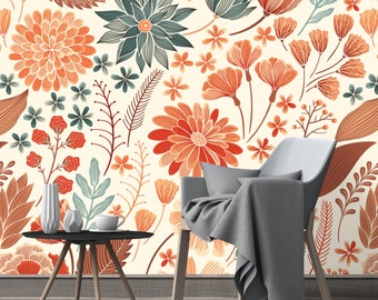 Removable Wallpaper - Orange Fall Mythic Flowers - Peel and Stick Wallpaper - Nursery Wallpaper - Self Adhesive Wallpaper