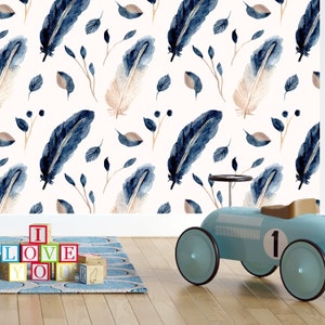 Removable Wallpaper - Indigo Watercolor Feathers - Peel and Stick Wallpaper - Nursery Wallpaper - Self Adhesive Wallpaper
