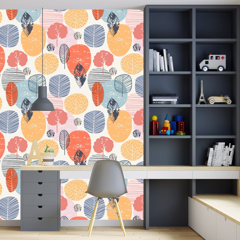 Removable Wallpaper Blue Orange Watercolor Autumn Shapes Peel and Stick Wallpaper Nursery Wallpaper Self Adhesive Wallpaper image 4