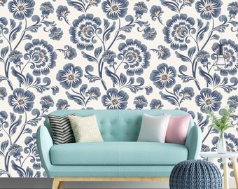 Abnehmbare Tapete - Elegante blau und Orange Paisley Blumen - Schälen und Stick Wallpaper - Kindergarten Wallpaper - Selbstklebende Tapete