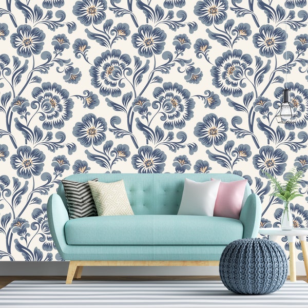 Removable Wallpaper - Elegant Blue and Orange Paisley Flowers - Peel and Stick Wallpaper - Nursery Wallpaper - Self Adhesive Wallpaper