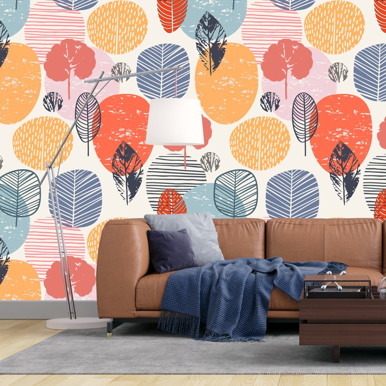 Removable Wallpaper Blue Orange Watercolor Autumn Shapes Peel and Stick Wallpaper Nursery Wallpaper Self Adhesive Wallpaper image 6