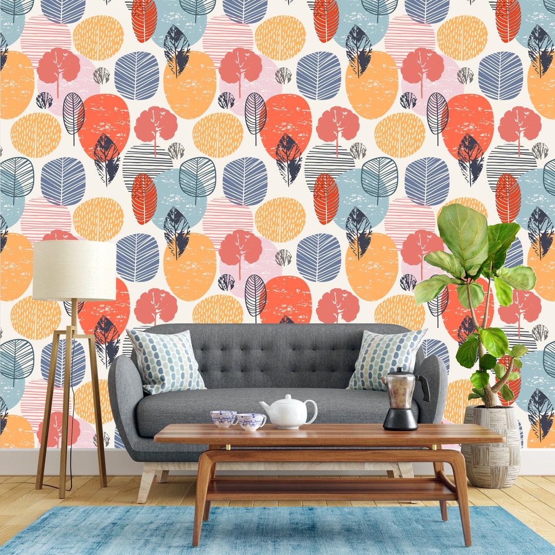 Removable Wallpaper Blue Orange Watercolor Autumn Shapes Peel and Stick