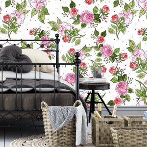 Abnehmbare Tapete - Rosa Aquarell Rosen - Schälen und Stick Wallpaper - Kindergarten Wallpaper - Selbstklebende Tapete