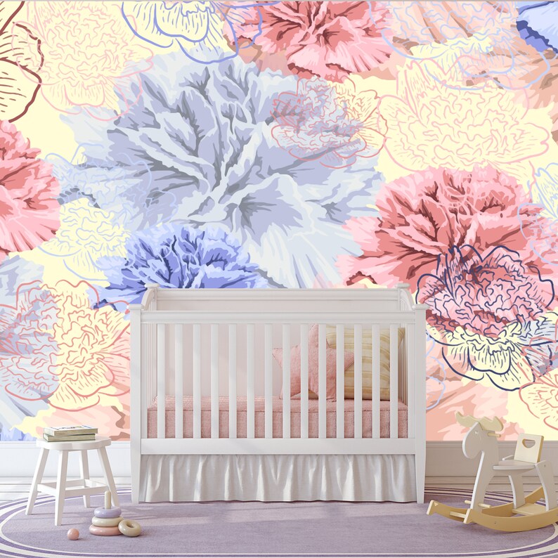 Self Adhesive Wallpaper Pastel Watercolor Peonies Removable Wallpaper Peel and Stick Wallpaper Nursery Wallpaper