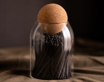 ALL BLACK Long Stick Matches in Glass Bottle - 200 Matches - Matchsticks | Wedding Gift | Home Decor | Candle Matches | Cork Ball Top