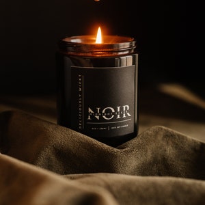 Midnight Suede Soy Candle: NOIR Black Glass Jar, 8oz Handmade Candle