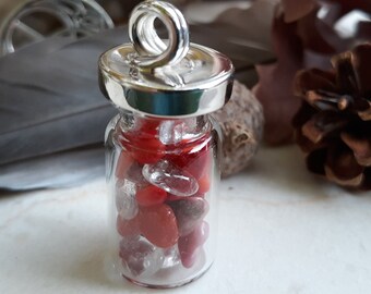 The Reds Crystal Glass Vial Pendant with Sterling Silver Top with Gem Pebbles of Red Jasper, Red Agate, Rhodochrosite & Strawberry Quartz