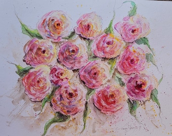 Pink Roses Bouquet ORIGINAL Watercolor Art Painting 9 X 12 Unframed by Tracey Stevens