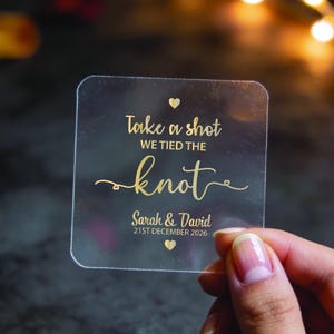 Custom Square Take A Shot Gold Foil Wedding Stickers | Personalised Wedding Drink Labels