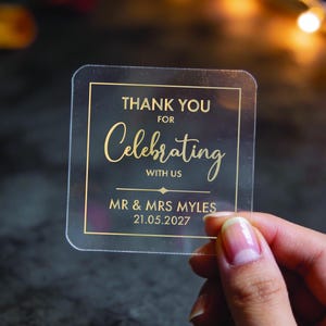 Pegatinas metálicas cuadradas de agradecimiento por celebrar / Etiquetas personalizadas para regalos de boda