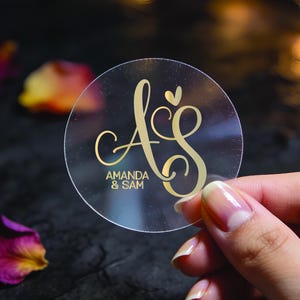 Etichette adesive con monogramma iniziale in lamina d'oro personalizzate / Etichette rotonde trasparenti per bomboniere di nozze