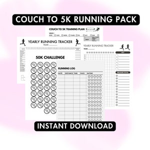 Running Tracking Pack - Couch to 5K Training Plan with Running Log, Yearly Running Tracker & 50K Running Challenge - Downloadable PDF
